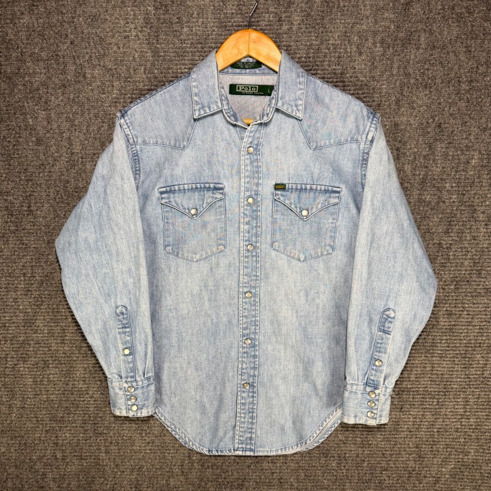 Vintage Polo Ralph Lauren Denim Pearl Snap Western Shirt Light Wash Mens L